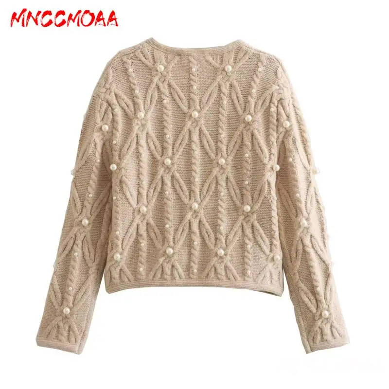 MNCCMOAA-Knitted Cardigan for Women, Long Sleeve, Faux Pearl, Short Sweaters, Jacket Coat, Female Fashion, Autumn, Winter, 2024