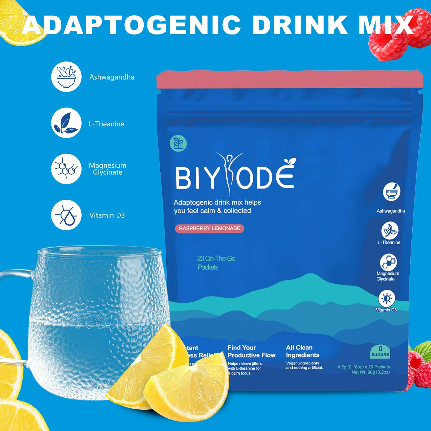 

Адаптионный смесь напитков BIYODE helps you feel calm и collected с ashwagandha l-theanine магниевый глицинат витамин d3