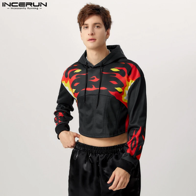 2024 INCERUN Casual Long Sleeve Hooded Sweatshirts Men Simple Flame Printing Hoodies Handsome Simple Commuting Knitted Pullovers