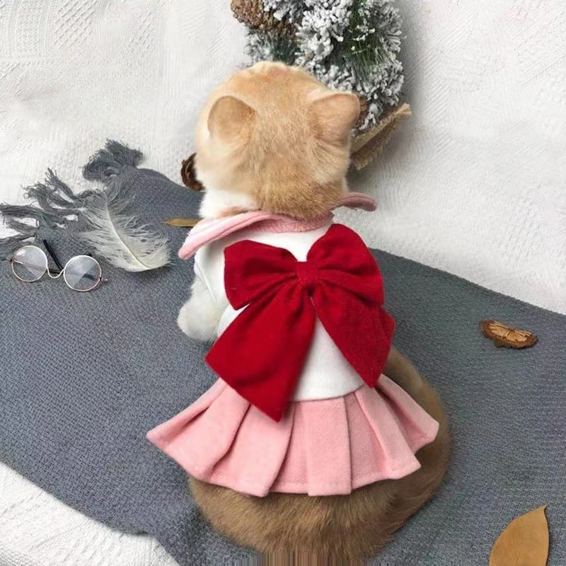 Pet Autumn and Winter Bow Dress Dog Pleated Dress Pet Dog Dress Dog Dresses for Small Dogs Puppy Christmas Clothes