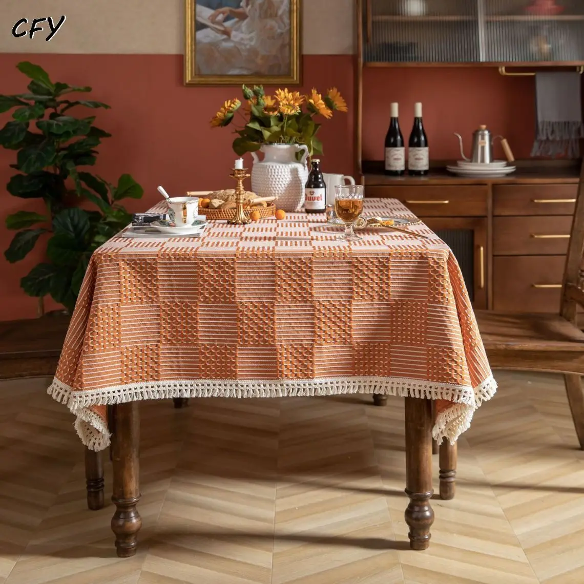 Cotton Linen American Orange Square Grid Thickened Rectangular Tablecloth Tea Table Pad Meal Cloth Photo Background Cloth