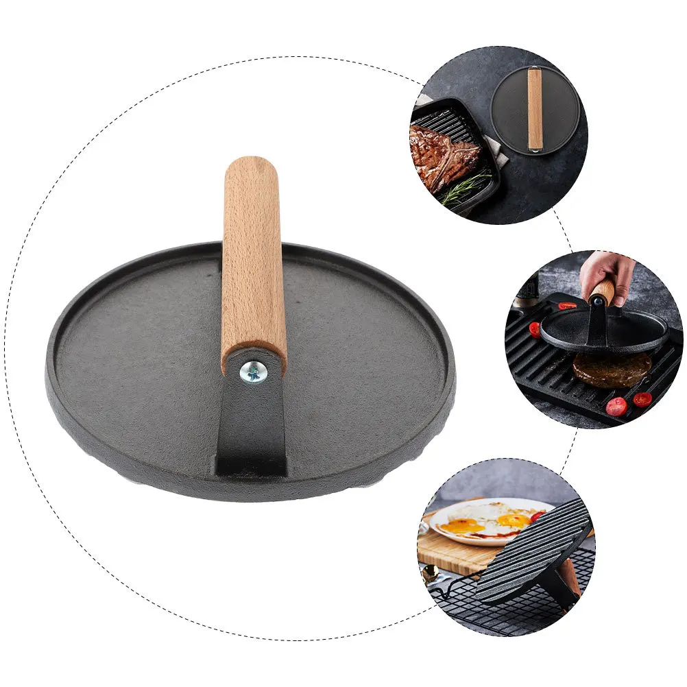 

Iron Burger Press Wooden Handle Durable Non-Stick Round Kitchen Burger Patty Maker Tool Grill Press for Home Cooking