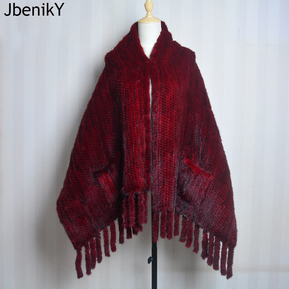 2024 New Women Genuine Knitted Mink Fur Showl Scarf Lady 100%Natural Real Mink Fur Shawl With Tassel Fashion Mink Fur Ponchos