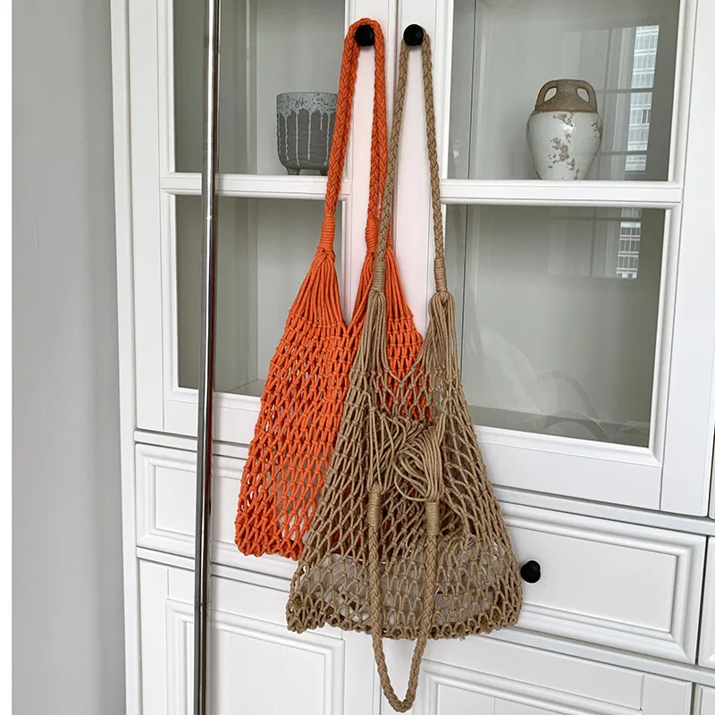 Casual Hollow Out Fishnet Women Shoulder Bags Handmade Weave Lady Handbags Large Capacity Summer Beach Tote Shopper Purses 2024