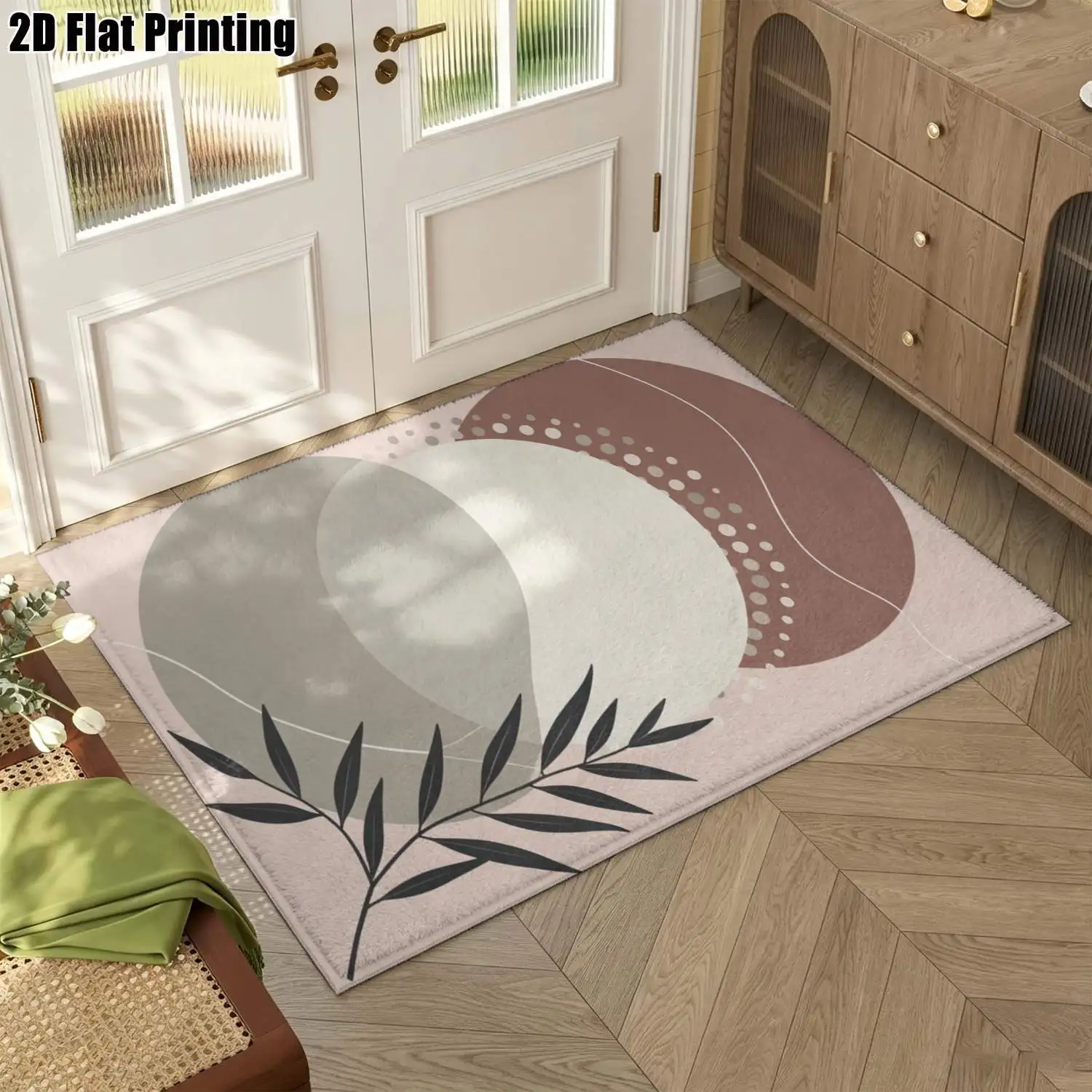 1Pc 2D Printed Morandi Geometric Leaf Branch Nordic/Instagram Style Minimalist Carpet, Machine Washable, Multi-Size, Home Decor for Entrance, Dining, Foyer, Study, Living Room, Bedroom