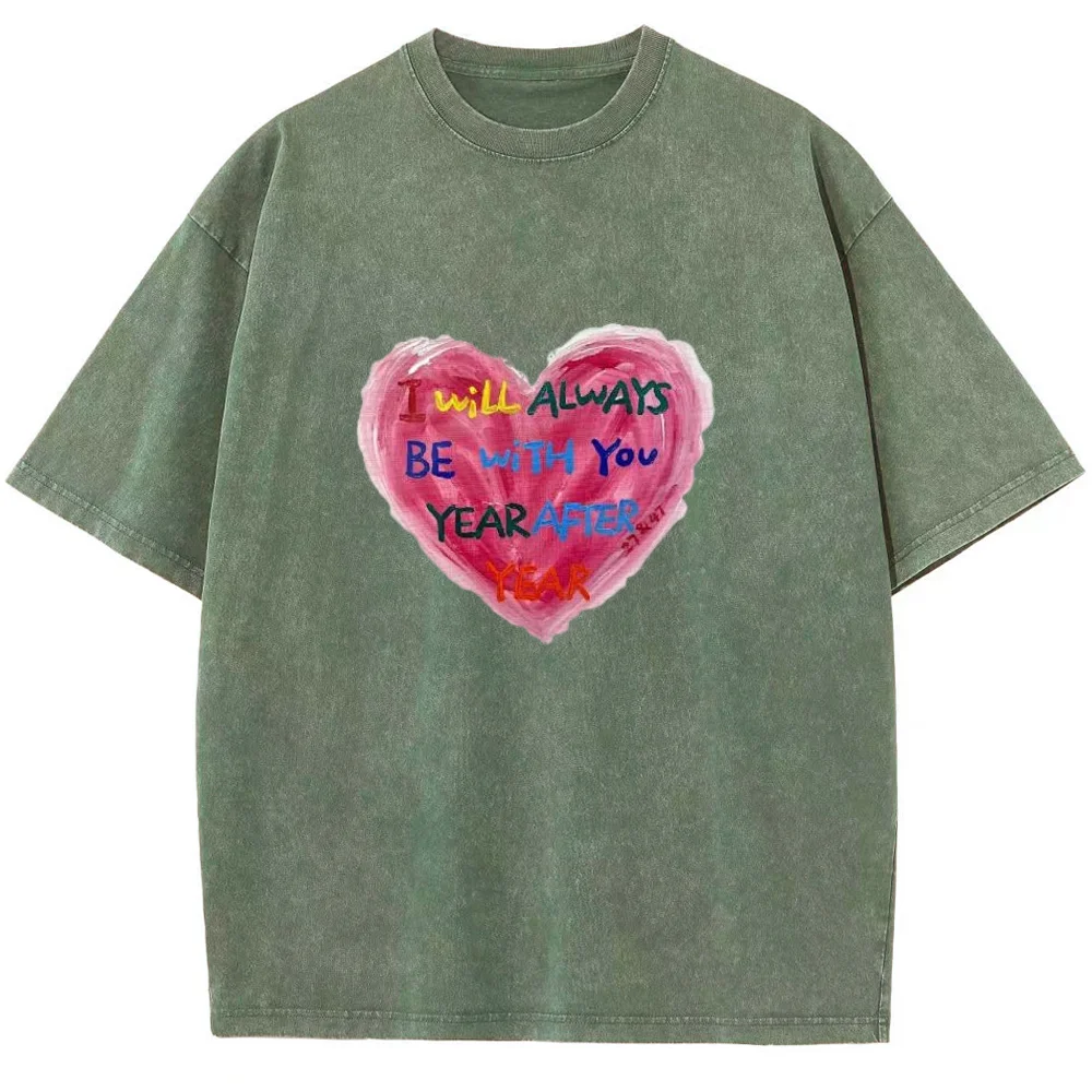 Street Women'S Cotton Washed T-Shirts Love Printed Short Sleeve Oversize O-Neck Distressed Tops Female Clothes