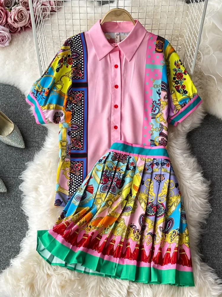 2024 Women Fashion Luxury Print Shirt Top + Pleated Mini Skirt New Spring Autumn Vintage Long Sleeve Buttons Party 2 Piece Sets