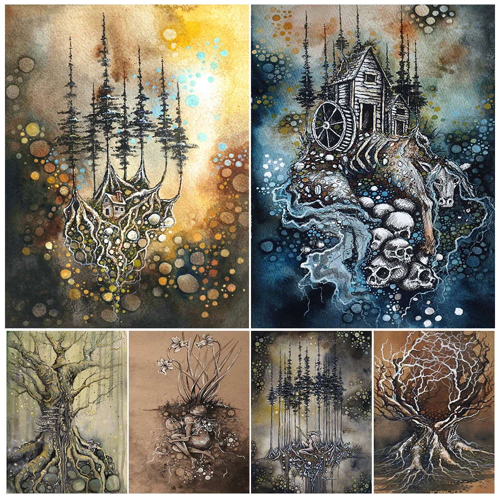 Surreal,Nature,Roots,Witchy,Earthy,Woodlad,Pagan,Abstract Wall Art Canvas Painting,Forest Spirit Art Poster And Print Home Decor