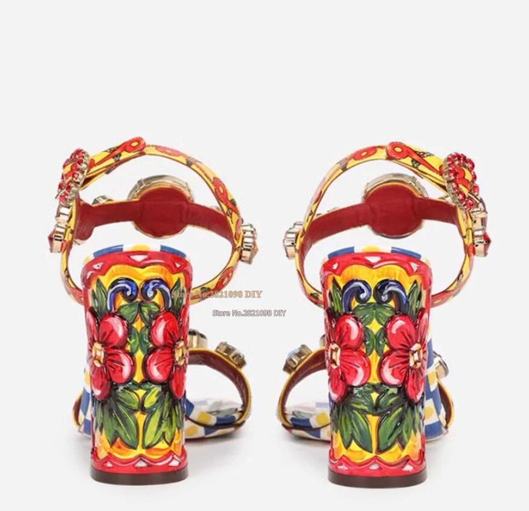 Mixed Colot Crystal Block Heeled Flower Print Chunky Heel Diamond Sandals Woman Fashion Beach High Heel Summer Shoes