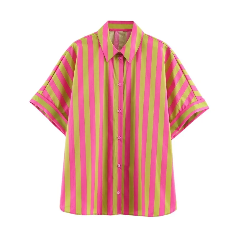 Women's Loose Fit Striped Blouse Summer Turn-Down Short Sleeve Casual Wear Single Breasted 2026 New