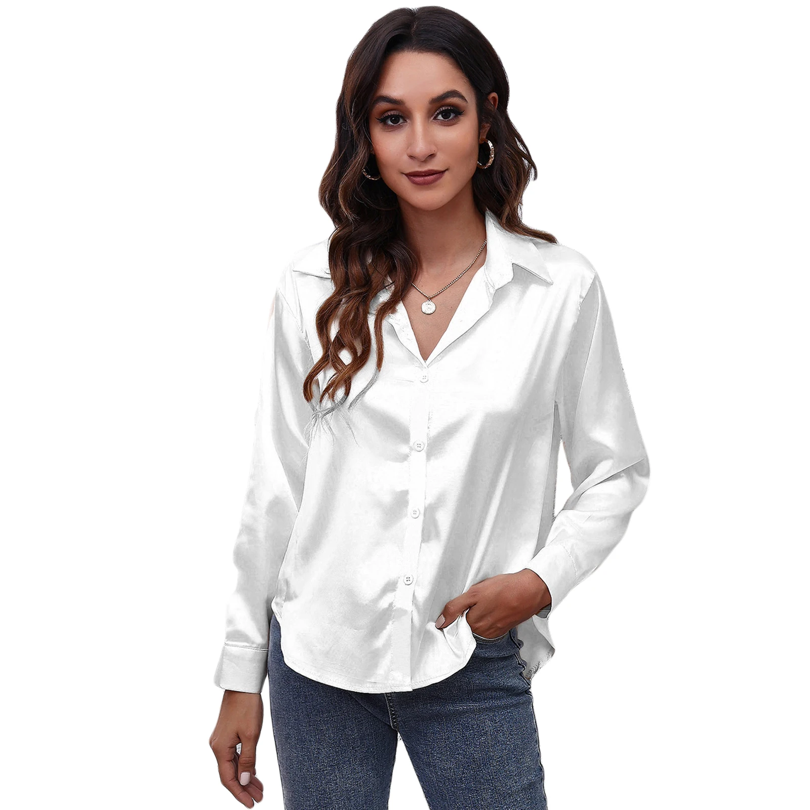

Women's Satin Silk Long Sve Blouse Casual Spring irt Slim Fit Anti-Wrinkle Acetate Fiber Chinese Production Open Cardigan
