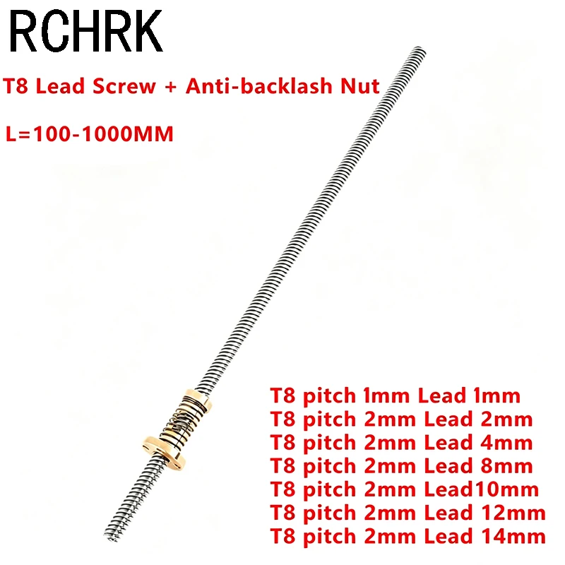 1Set T8 Lead Screw with T8 Anti-backlash Nut Spring Loaded Nut Elimination Gap Nut for T-Type Thread 8mm Trapezoidal 3D Parts