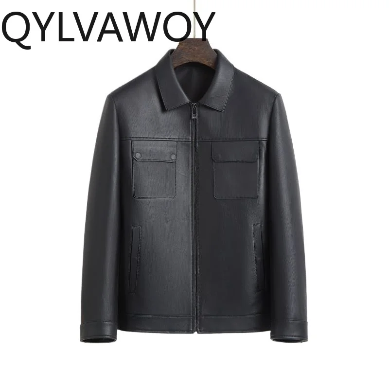 QYLVAWOY Sheepskin Real Leather Jacket Men Lapel Casual Short Coat for Man High Quality Jackets Spring Autumn New Куртка Осенняя