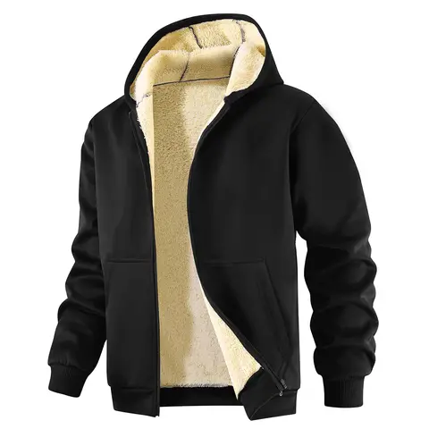 Men's fleece-lined and thickened winter sherpa hooded sports sweatshirt cardigan, casual warm jacket