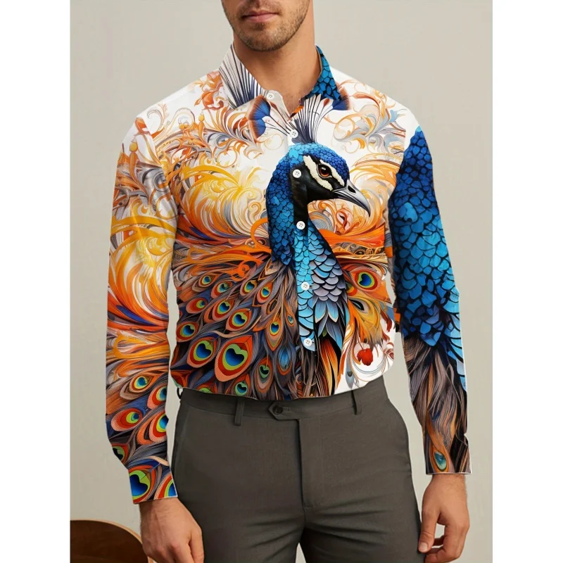 Peacock Owl Pattern Hawaiian Shirts For Men Funny Animal 3D Printed Blouse Casual Long Sleeve Lapel Button Tops Aloha Shirts