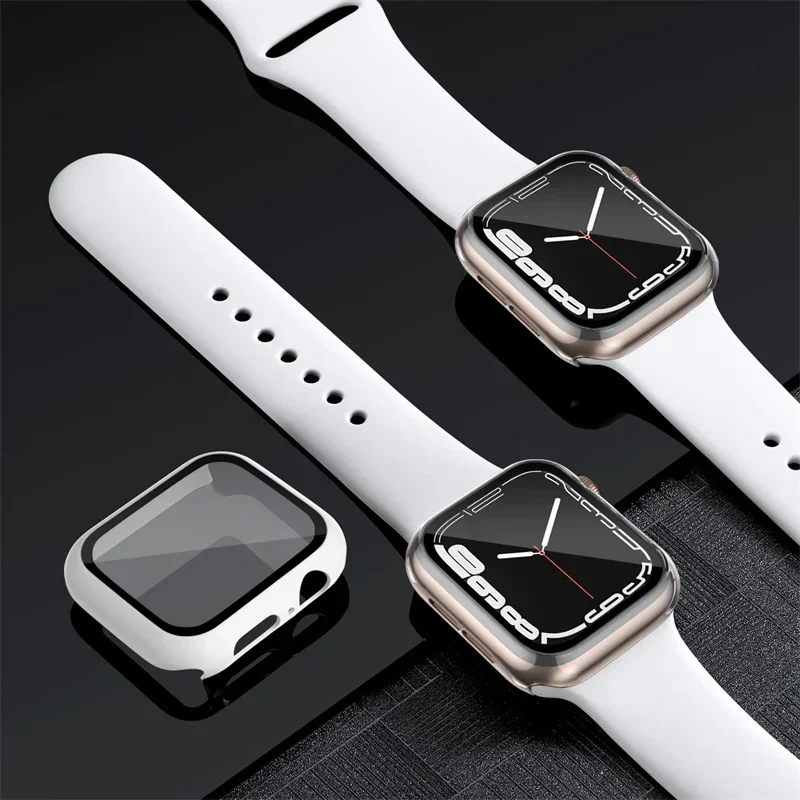 Glass+Case+Strap For Apple Watch band 44mm 40mm 45mm 41mm 38mm 42mm sport bracelet iWatch series 8 9 7 6 5 4 3 SE Silicone band