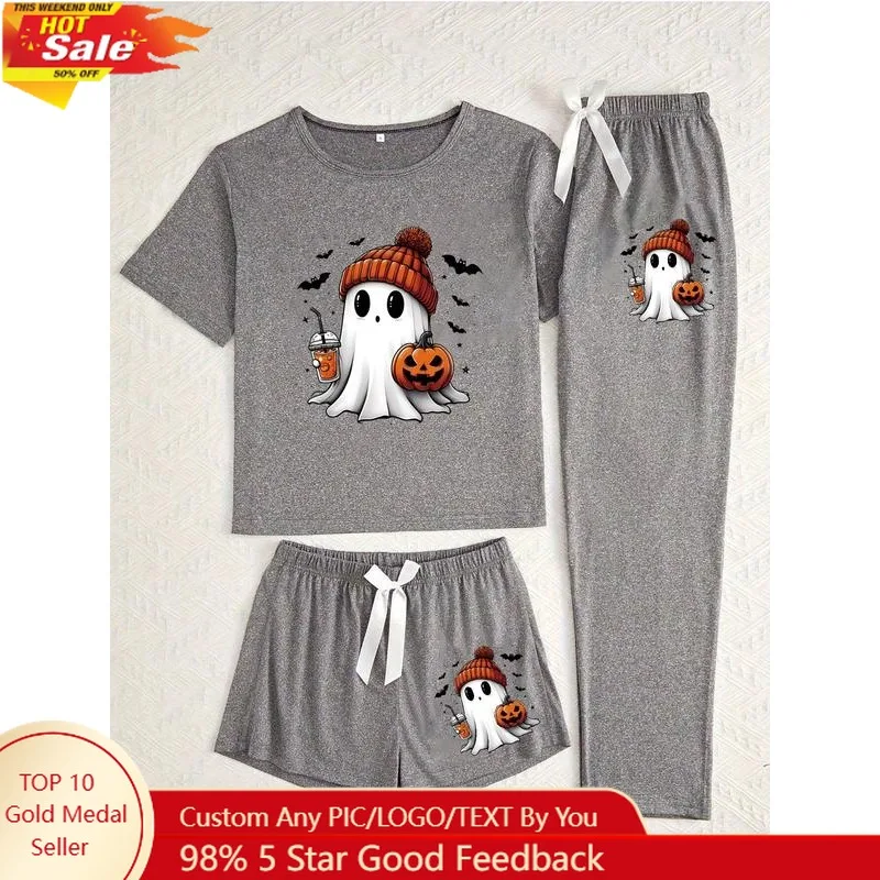 Halloween Ghost Pumpkin Print Pajama Set for Women, Casual Fitted Sleepwear, All Seasons Comfortable Nightwear, Moderate Fabric