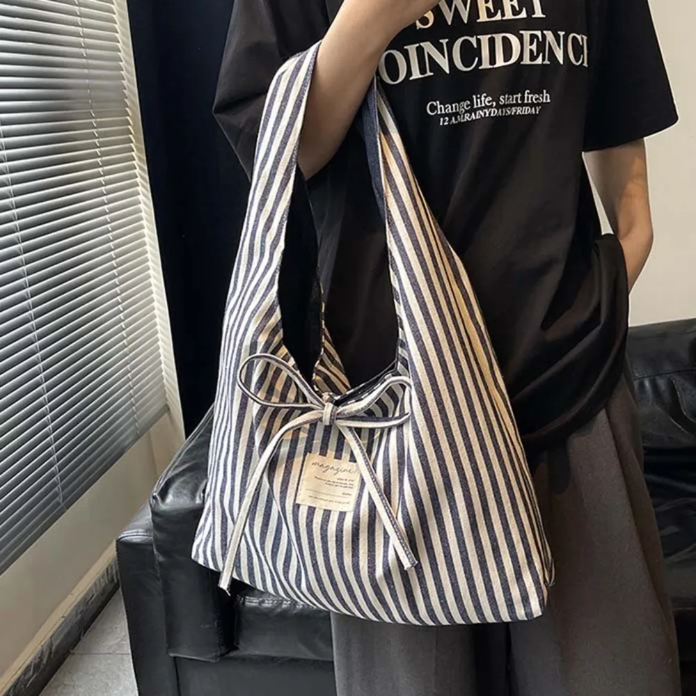 

Stripe Double-sided Vest Pouch Contrast Color Women Tote Bag Cloth Denim Blue Handbag Large Capacity Shoulder Pouch
