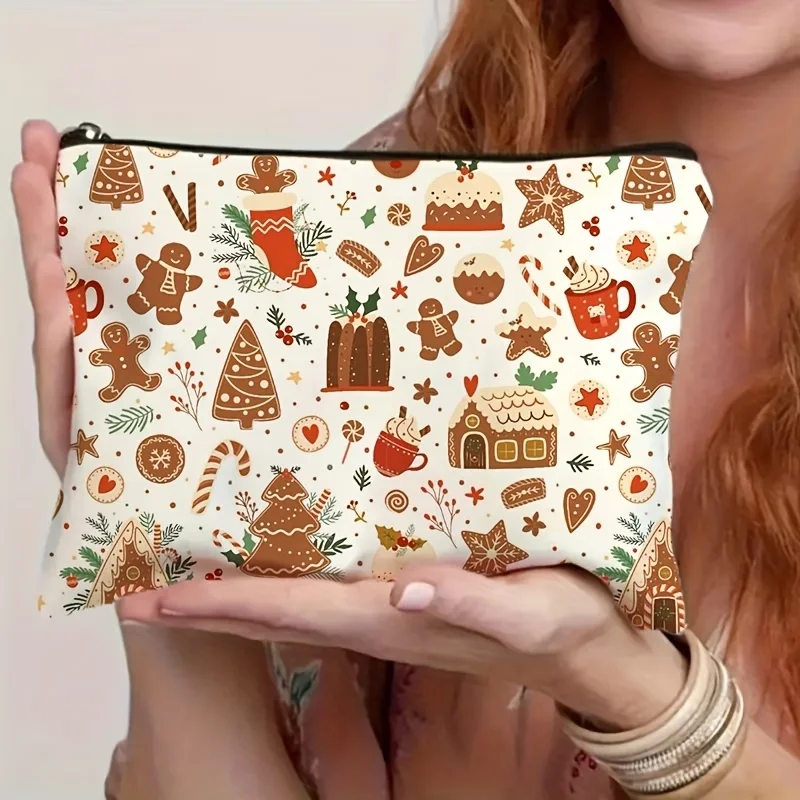 Christmas Gingerbread Cookie Print Makeup Bag Baking Themed Large Capacity Travel Storage Pouch Daily Handbag Christmas Holiday