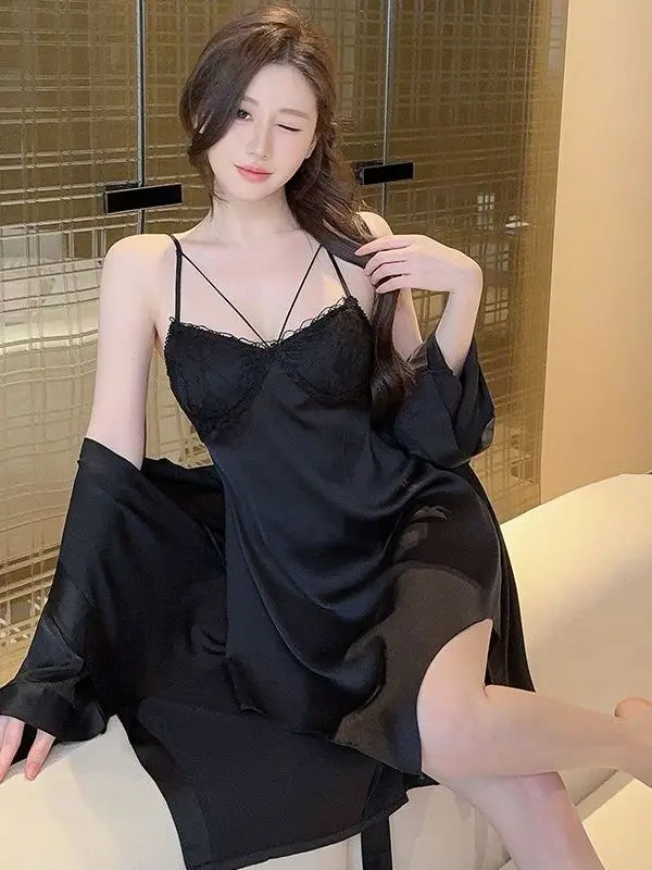 高品質セクシーアイスシルクスリップウェア-レディース-夏用-vネック-ストラップレス-ツーピースセット-胸パッド付き-ホームウェアセット