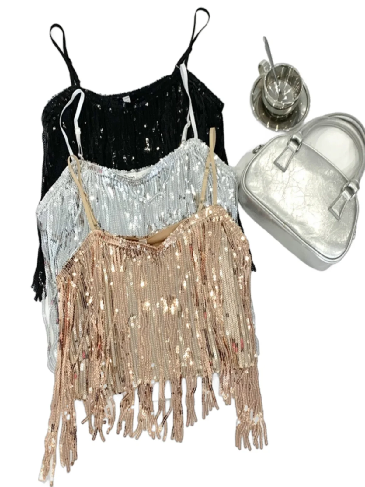 Summer New Design Heavy Work Fringe Sequin Short Crop Top Women's Strap Vest Bright Thread Original Design Straight Tube