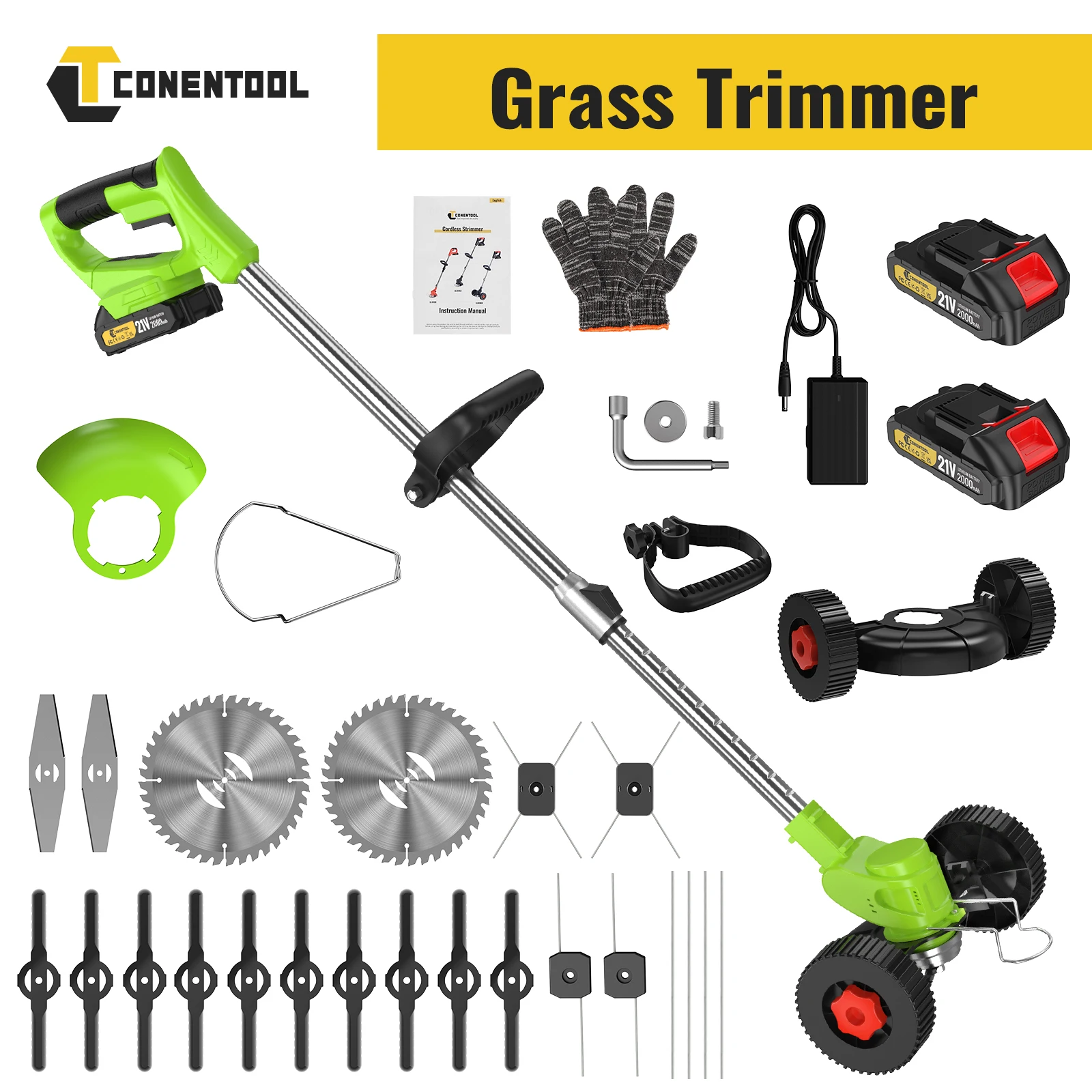 CONENTOOL 21V Cordless Electric Grass Trimmer Handheld Lawn Mower with Wheel Garden Yard Pruning Tool for Makita 18V Battery Pin
