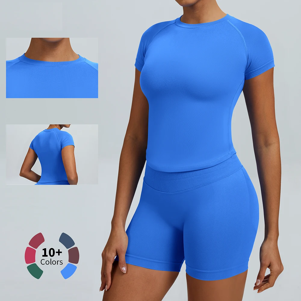 

Impact Women Short Sleeve Top T-Shirts Seamless High Waist Fitness Shorts Tummy Control Workout Tights Yoga Wear Gym Clothes