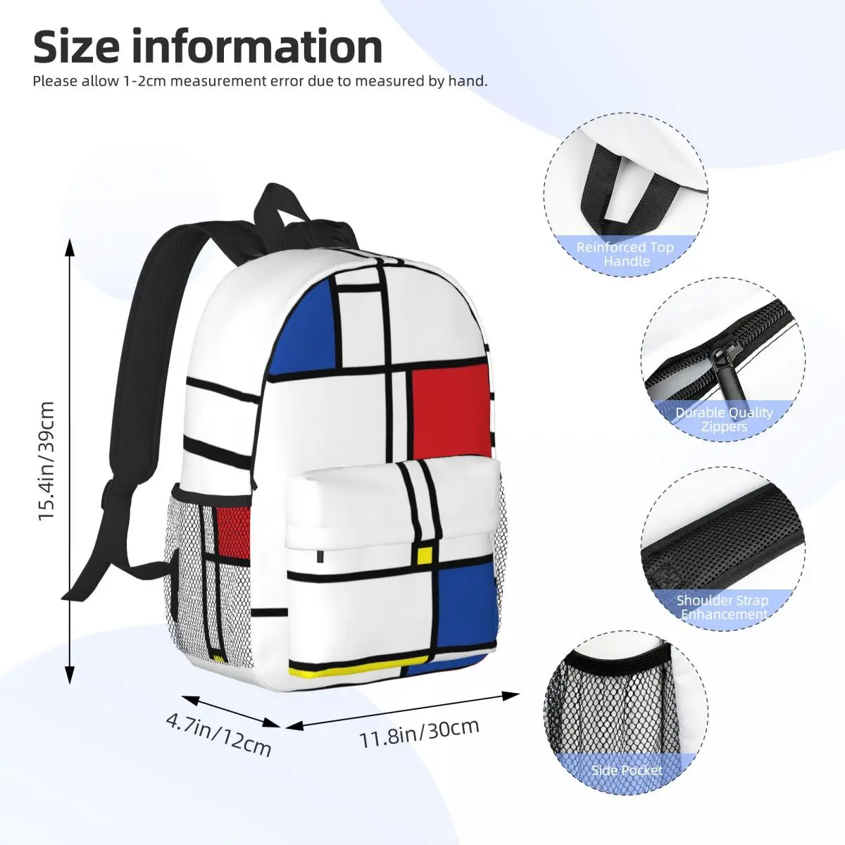 Mondrian 미니멀리스트 De Stijl 모던 아트 팻틴 백팩, 십대 책가방, 학생 학교 가방, 노트북 배낭 숄더백