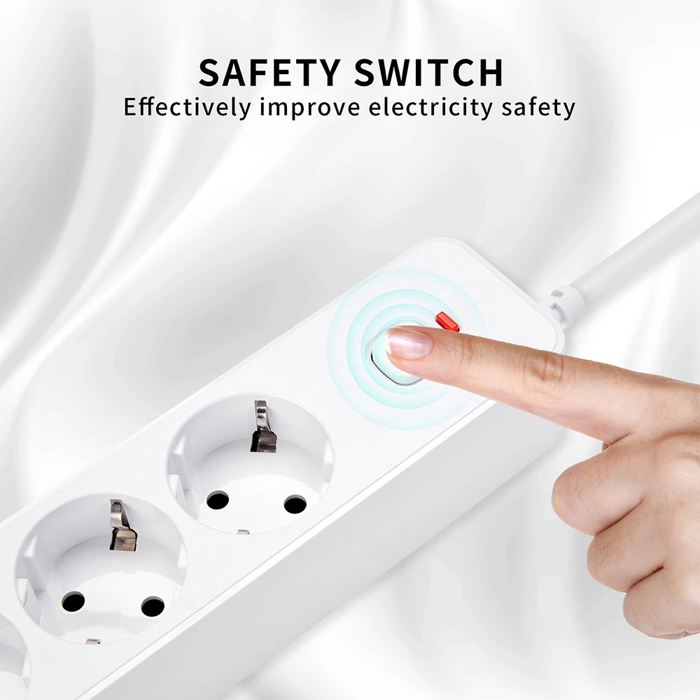 3000W EU Plug Strip USB Power Strip With Overload Protection 4USB 2Type C Charger Hub 2m Extension Socket With Switch