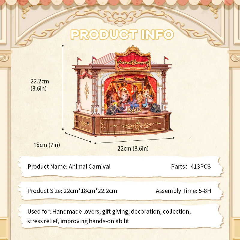 CUTEBEE DIY Miniatur-Haus-Set, Spieluhr aus Holz, handgefertigt, Puppenhaus, Tier, Karneval, für Bücherregal, Einsatz, Heimdekoration