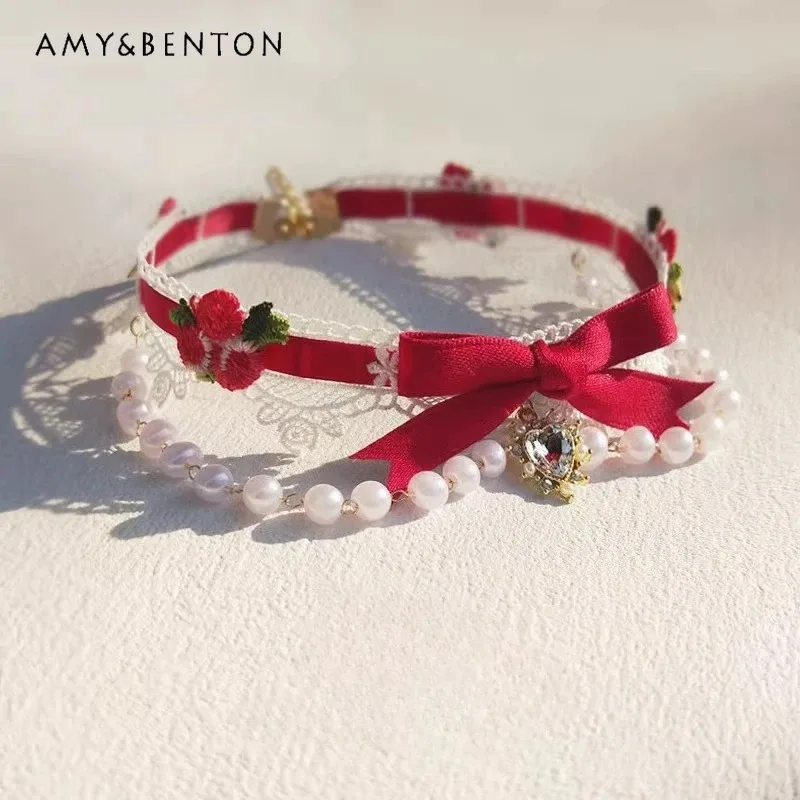 25COSOriginal Lace Pink Bow Pearl Choker Lolita Love Necklace for Women Sweet Cute Girl Double Necklaces Princess Butterfly Neck