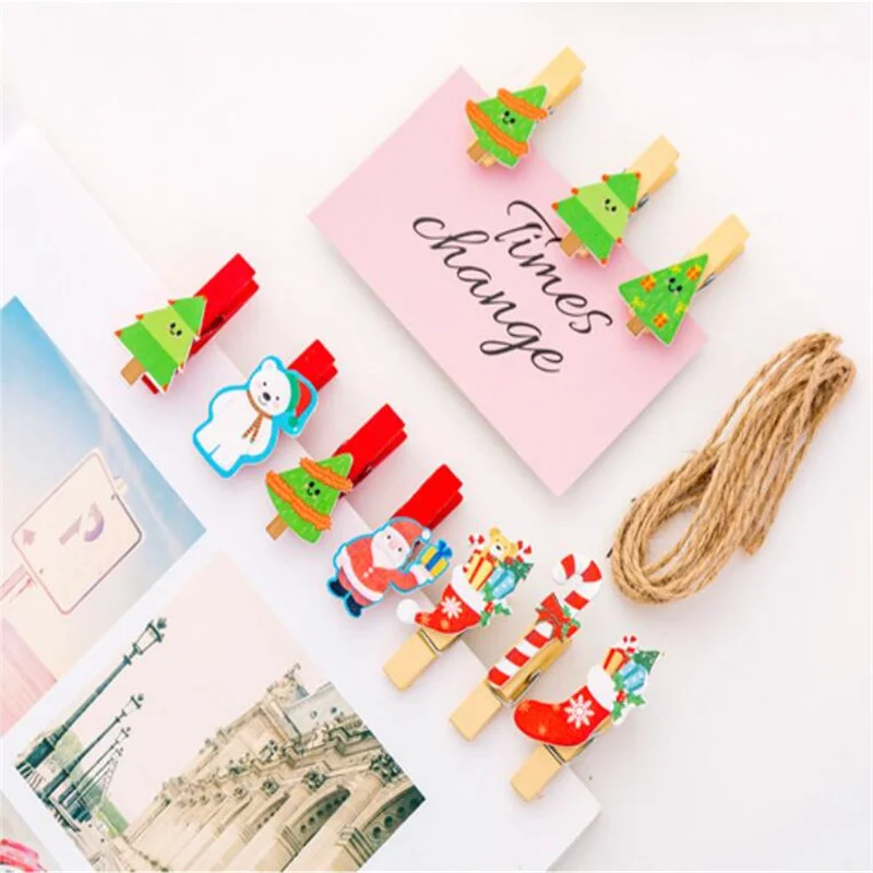 10PCS/BAGS Christmas Wooden Clip Photo Cute Cartoon Colored Clip Creative with Hemp Rope Photo Wall