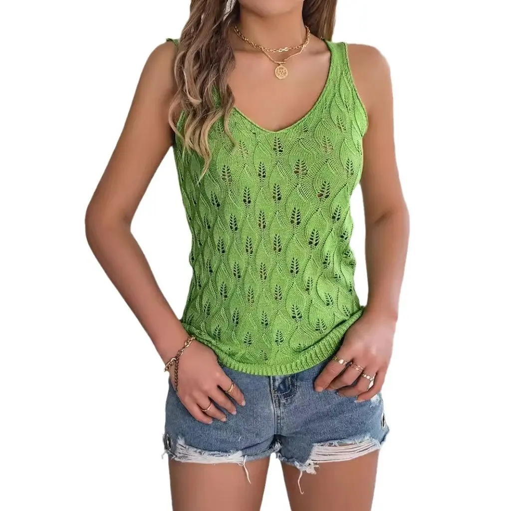 

Women's Solid Color V-neck Sleeveless Sweater Summer New Hollow Leaf Design Holiday Vest Fashion for Ladies
