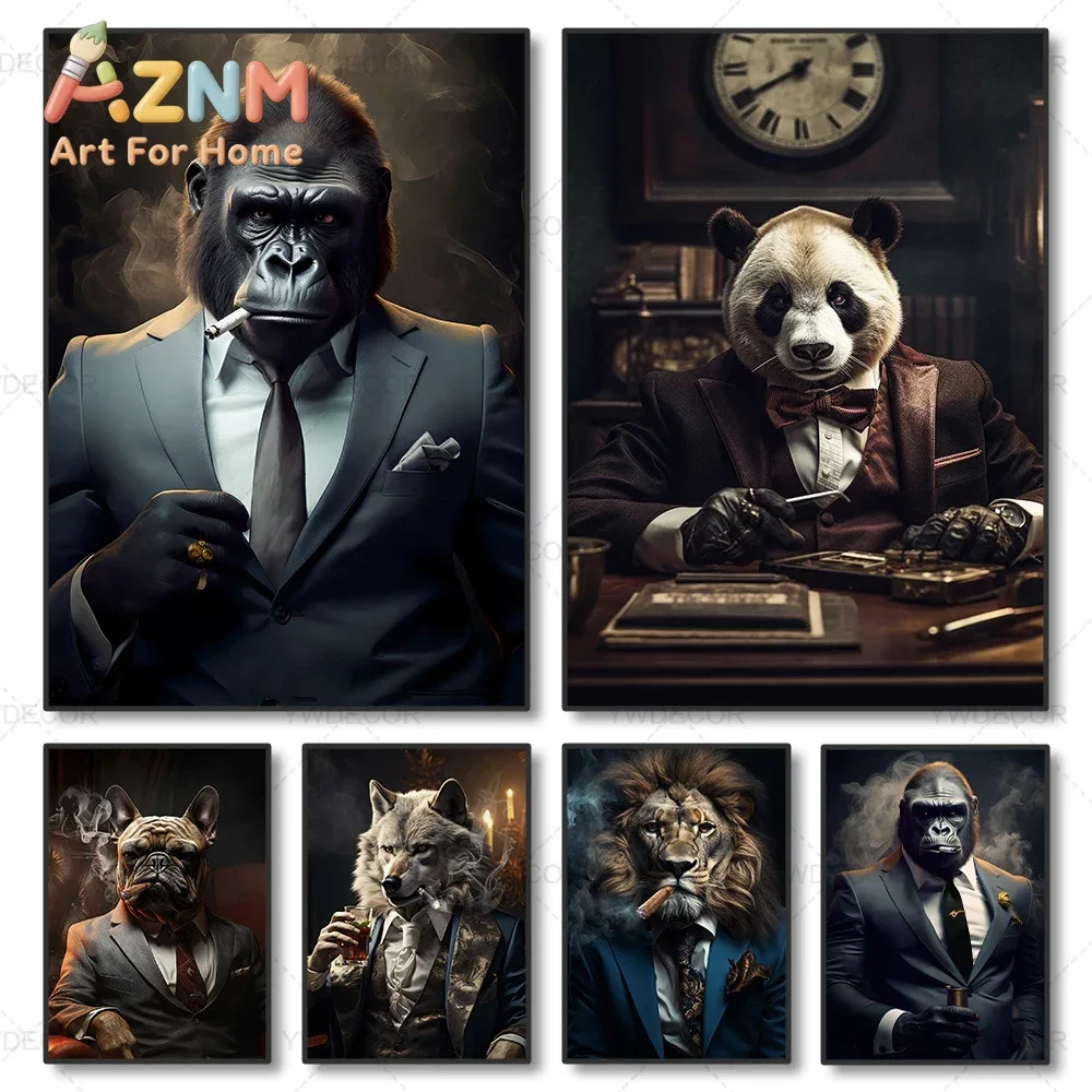 Abstract Smoking Lion Animals Boss Business Canvas Painting Wall Art Posters and Prints Picture Living Room Decor
