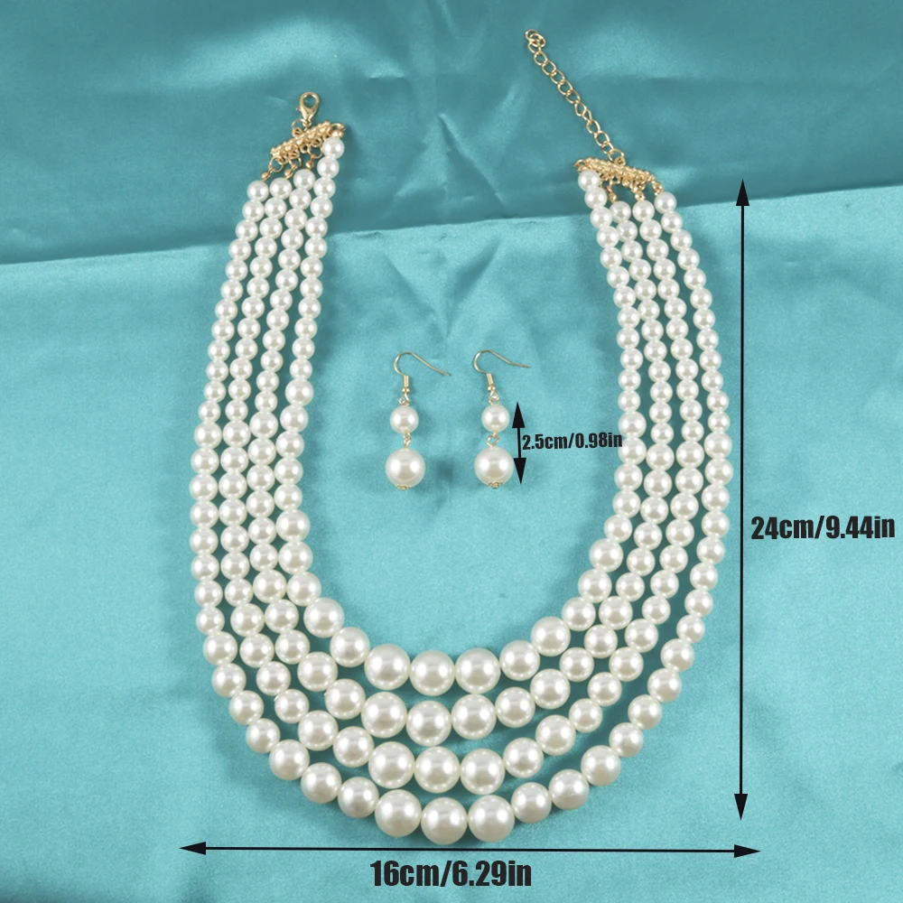 Vintage Baroque Style Round Imitation Pearl Necklace & Dangle Earrings Jewelry Set Multi Strands Necklace Party Favors For Women