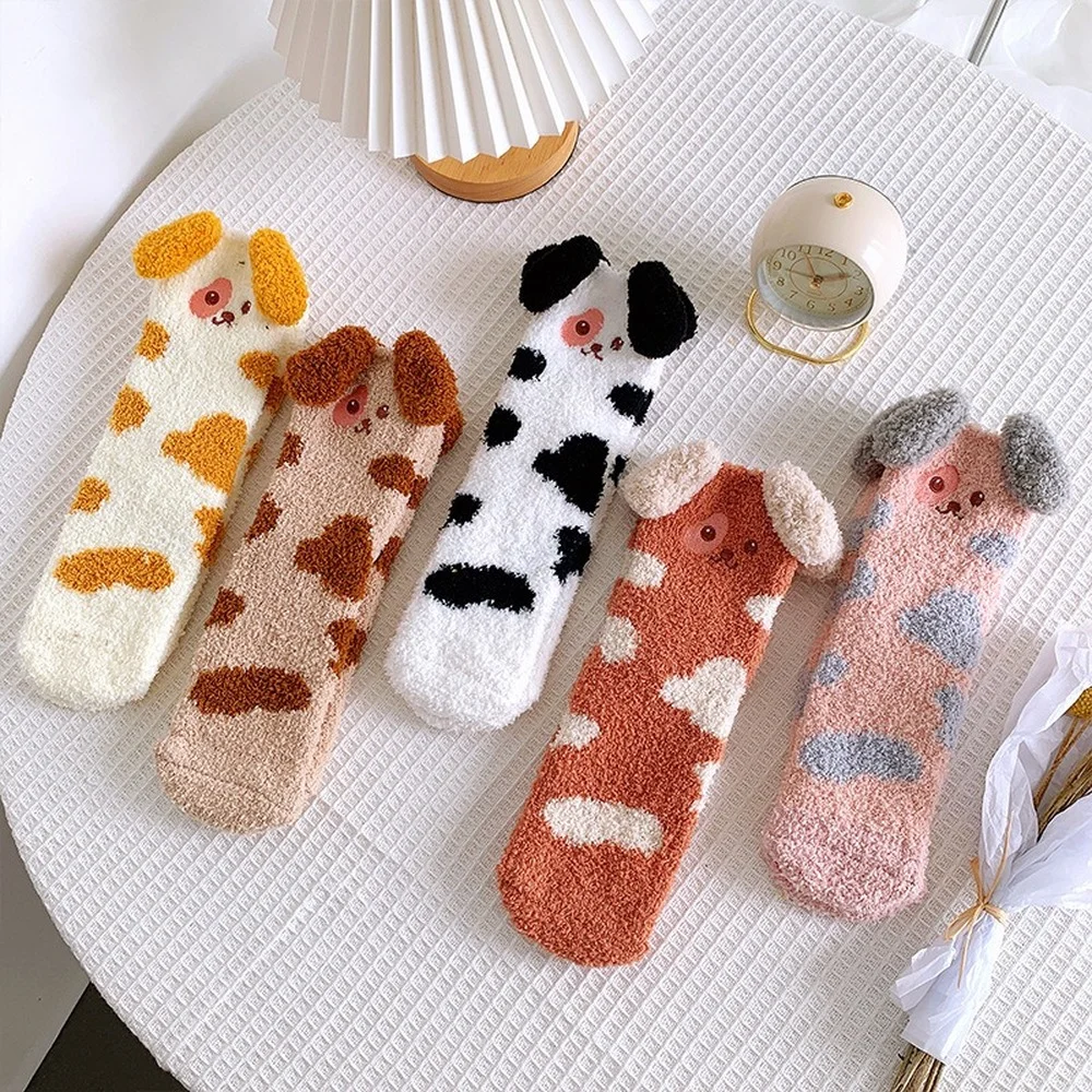 5 Pairs Winter Japanese Plush Coral Fleece Socks Female Mid-tube Cute Cartoon Plus Velvet Thickening Warm Home Floor Socks