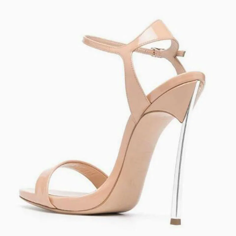 

Sexy Women Nude Black Patent Leather One Line Buckle Strap Sandals Metal Blade Heels Party Dress Shoes Lady Sandals Size 47