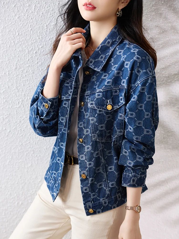 

Women's Retro Jacquard Lapel Long-sleeve Denim Blue Cropped Jacket Chic Slim-fit Trendy Versatile Casual Coat Tops Autumn Winter