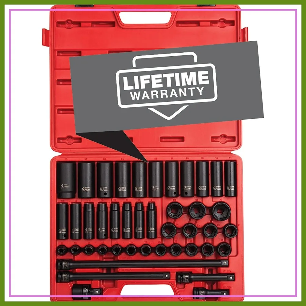 

1/2" Drive Impact Socket Set 43-Piece, Metric 9-30mm, Cr-Mo Steel, Standard & Deep, Radius Corner, Universal Joint & Extensions
