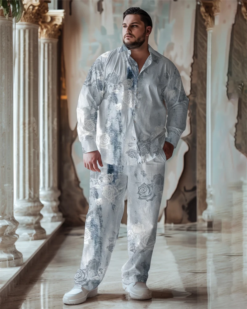 L-9XL Plus Size Men\'s Business Classical Vintage Traditional Floral Pattern Long Sleeve Shirt Straight Pants Suit ZOOY