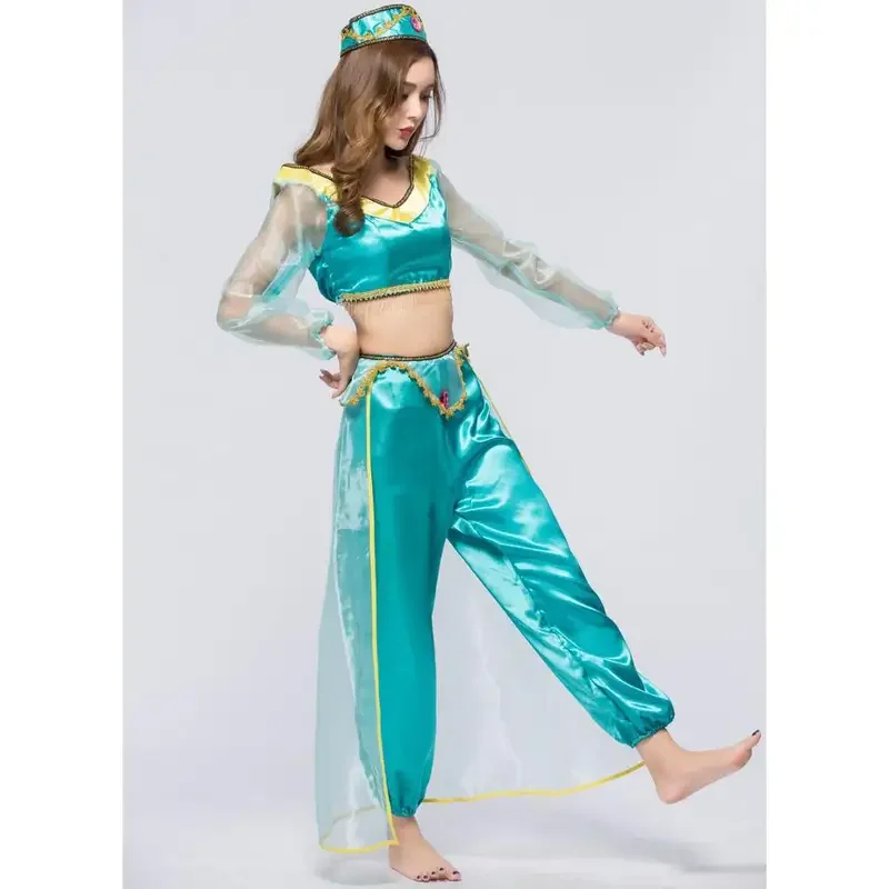 Volwassen Carnaval Kleding Meisjes Aladdin Jasmijn Prinses Kostuum Volwassen Buikdanseres Cosplay Top Broek Halloween Feest Pak Jurk