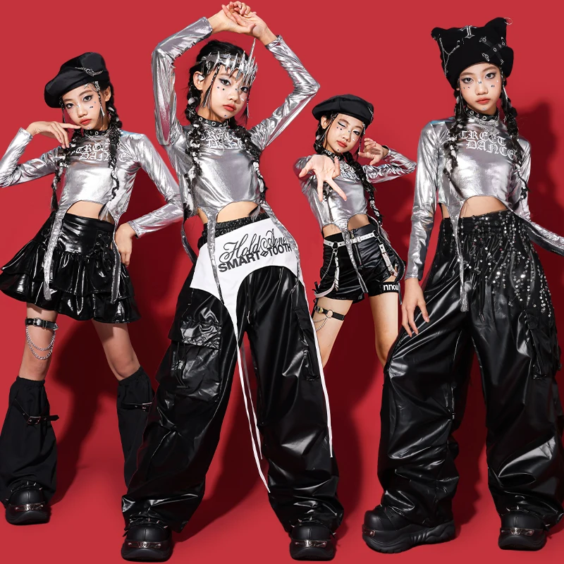 

Блестящая рубашка с блестками в стиле хип-хоп для девочек, серебряная плиссированная юбка, детский укороченный топ K-pop, комплекты джазовой одежды, детский групповой уличный костюм для девочек