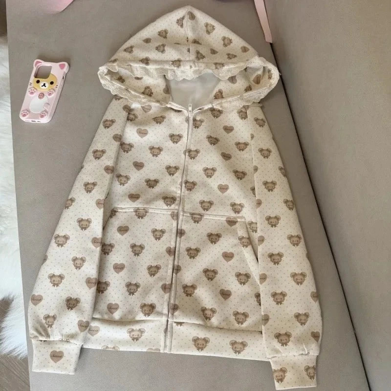 Autumn Autumn Japan Kawaii Lolita Style Hoodies Coat Women Sweet Cartoon Bear Print Zipper Jackets Girls Casual Cute Hooded Sweatshirt - Aliexpress Deal