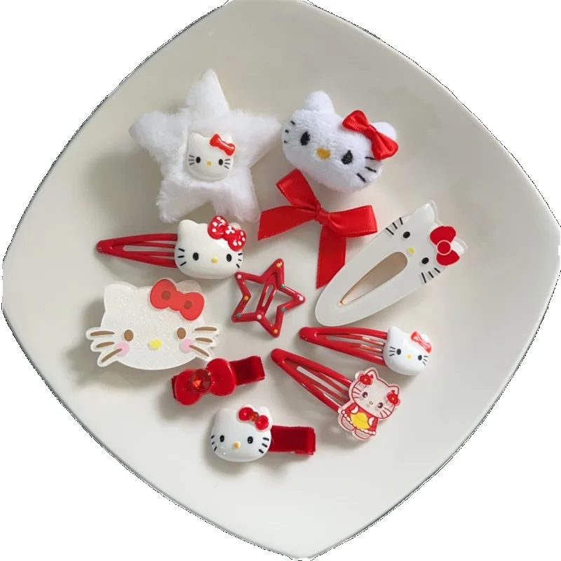 Kawaii Sanrio Hello Kitty Hair Clip Set Cartoon Cute Girls Ornaments Anime Accessories Hair Circle Headdress Bow Hairclips Gifts
