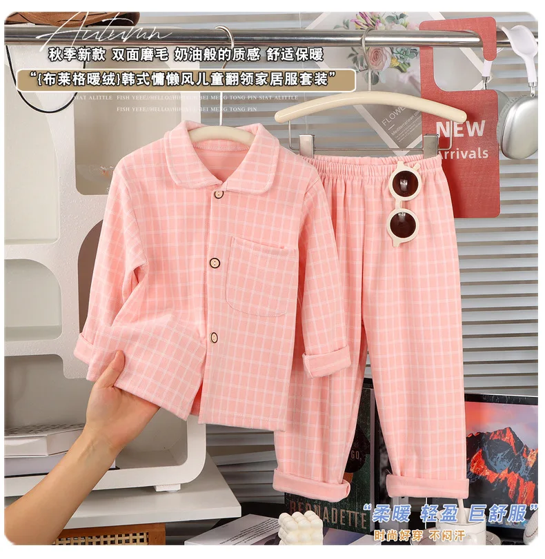 Langarm-Langhosen-Mädchen-Pyjama, kariertes Loungewear-Set, Herbst-Winter-Loungewear, dickes zweiteiliges Set, Pyjama mit Kragen für Kinder und Jungen – Detail 8
