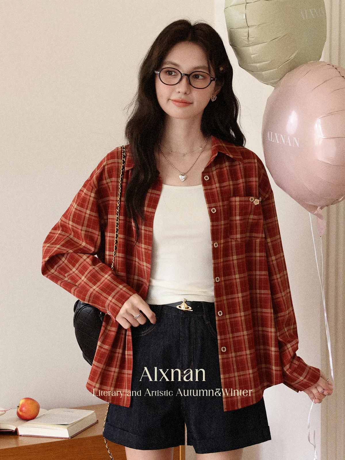 

ALXNAN Vintage Red Plaid Shirt Women Autumn Long Sleeve Office Lady Blouses Casual Loose-fit Back Slit Design Female Tops L56836