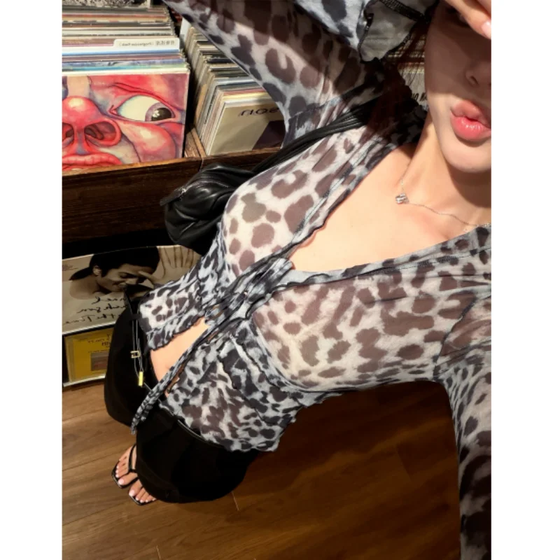 2026 Leopard Print Mesh Shirt Thin Transparent V-Neck Women's Fashionable Top Light Weight Shirt by Xin Si Ya Other Style