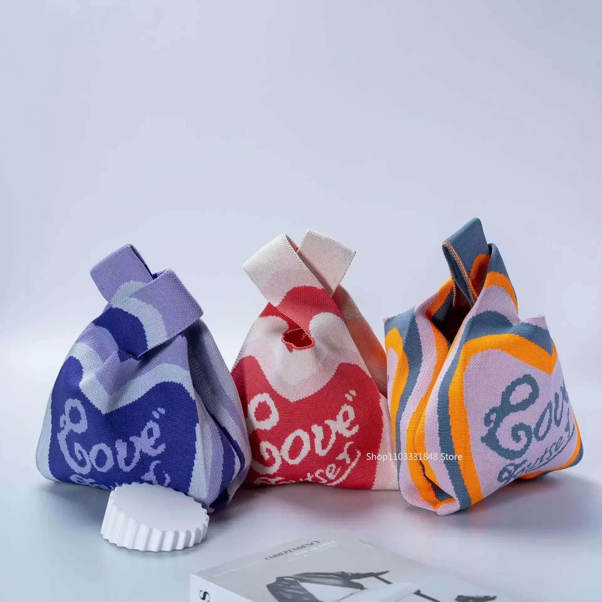 

Ins Cute Cartoon Handmade Knit Handbag Colorful Women Mini Knot Wrist Bag Japanese Style Casual Tote Bag Reusable Shopping Bag