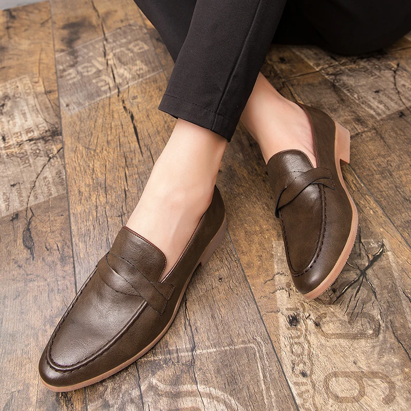 

Size 38-47 Men Business Loafers Black Brown British Casual Soled Heel Fashion Brand Leather Shoes American Banquet Shoes Men