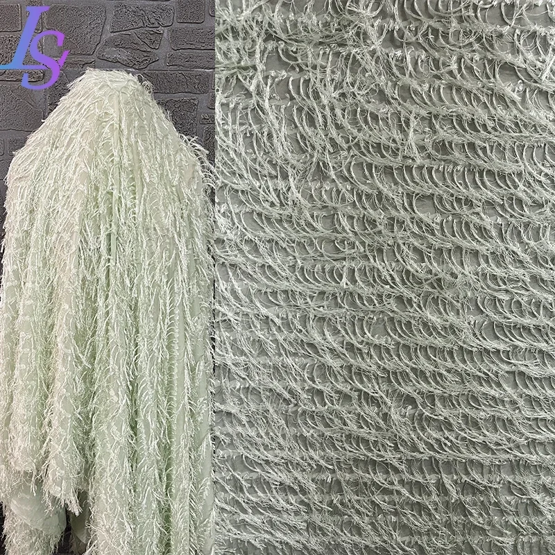 Light Green Tassel Chiffon Fabric Soft and Lightweight Sheer Shirt Slip Dress Clothing Designer Fabric